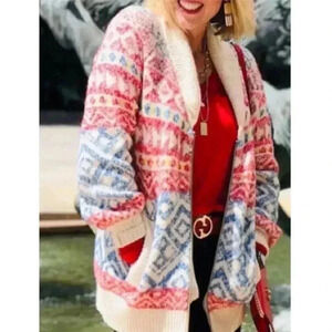 CAbi Highlands Sweater Fair Isle Printed Zip Front Cardigan Size S